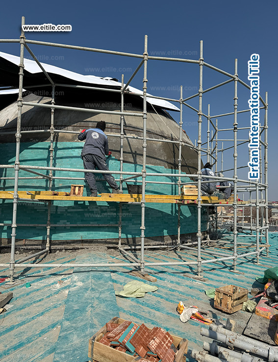 Dome tile company in Uzbekistan, installing handcrafted seven-color tiles on dome, www.eitile.com
