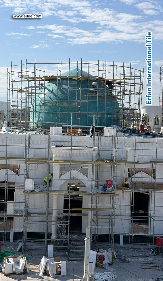 Dome tile company in Uzbekistan, installing handcrafted seven-color tiles on dome, www.eitile.com