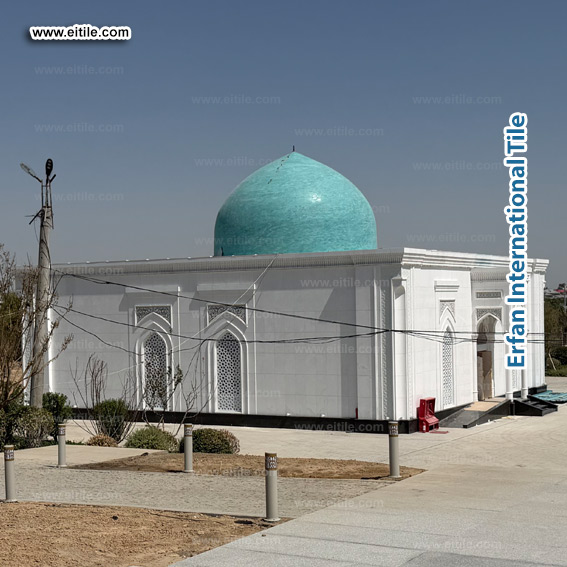 Professional dome tile company in Uzbekistan installing handcrafted seven-color tiles on dome, www.eitile.com